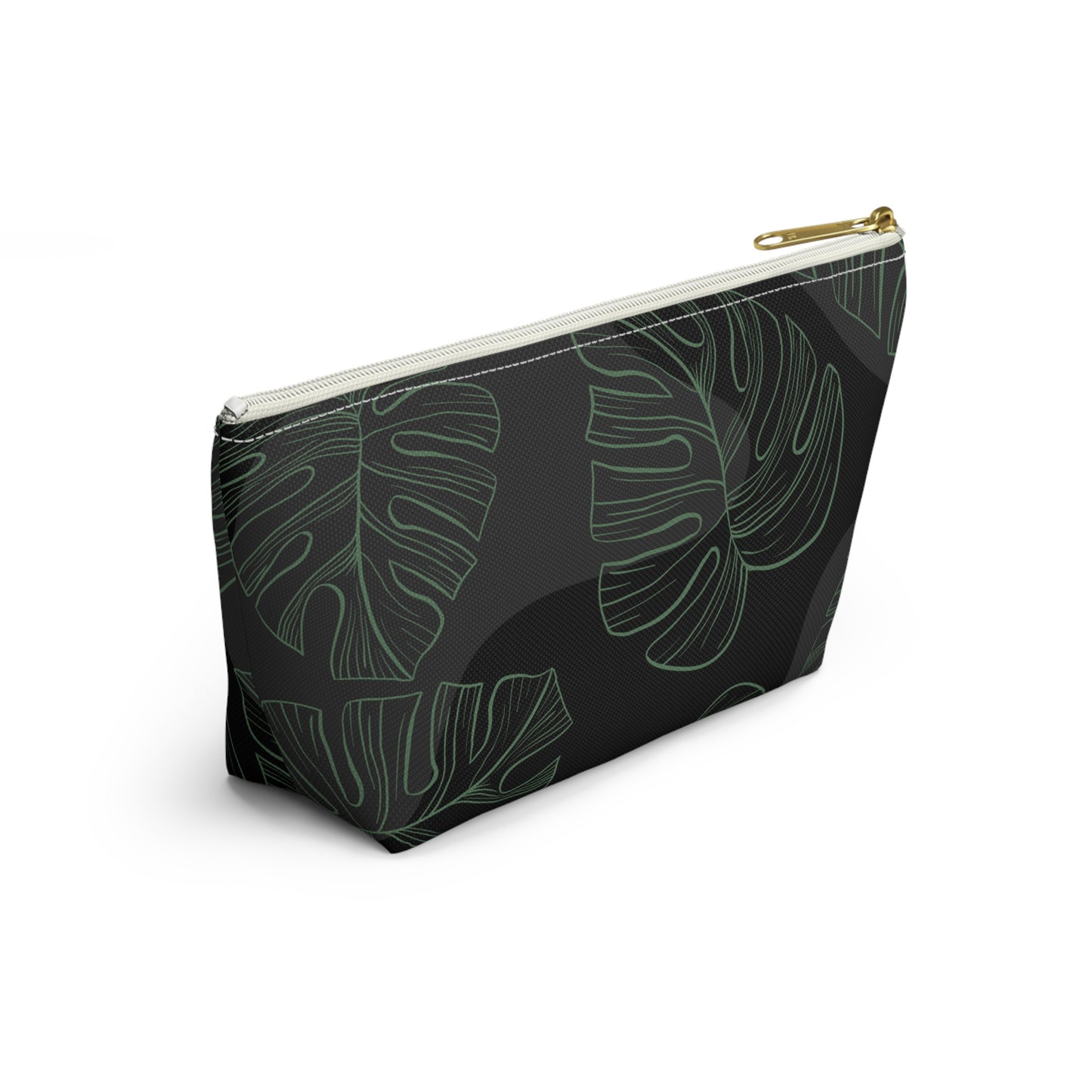 Black with Green Monstera Accessory Pouch w T-bottom