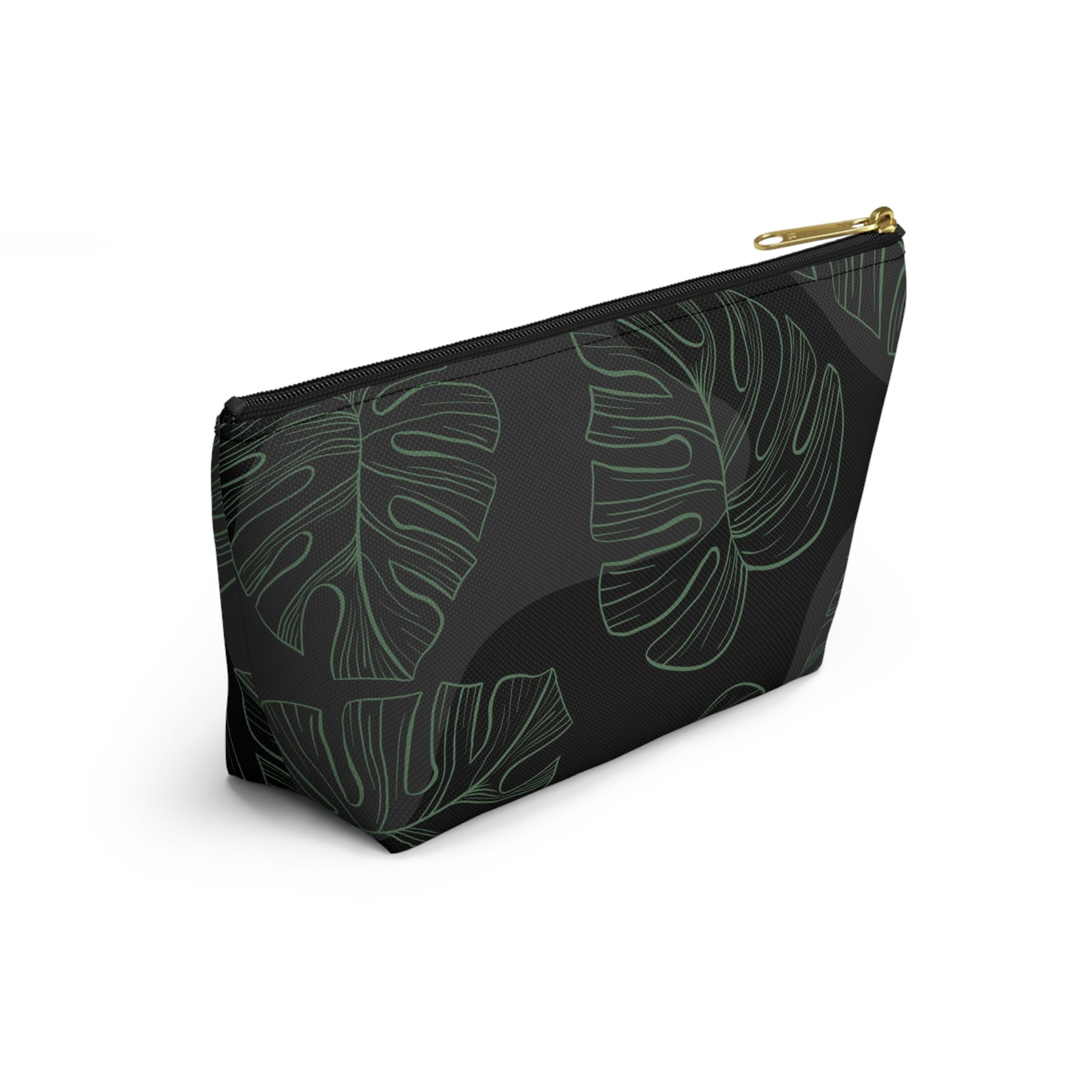 Black with Green Monstera Accessory Pouch w T-bottom