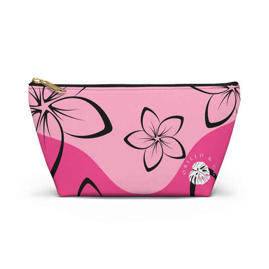 Black & Pink Plumeria Accessory Pouch w T-bottom