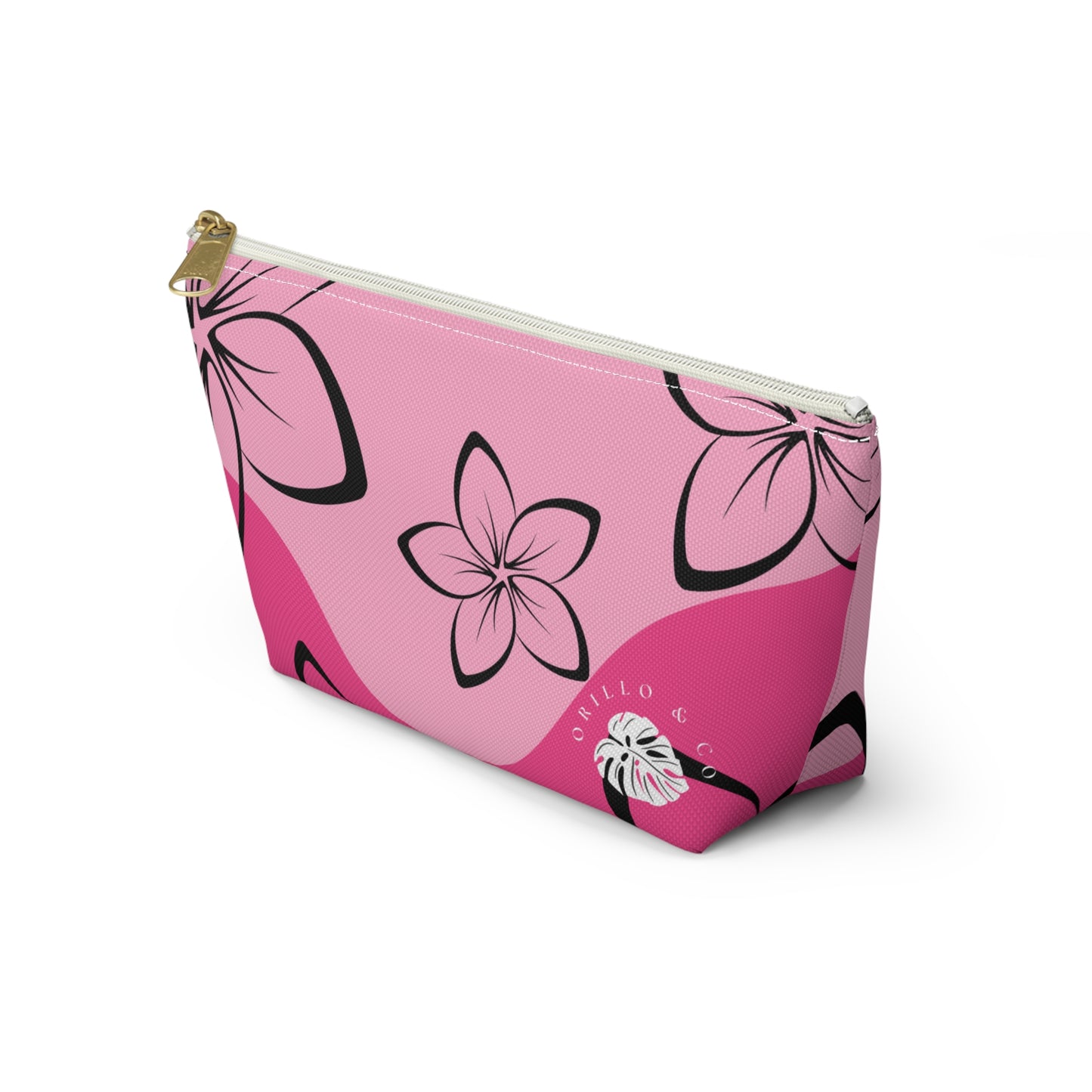 Black & Pink Plumeria Accessory Pouch w T-bottom