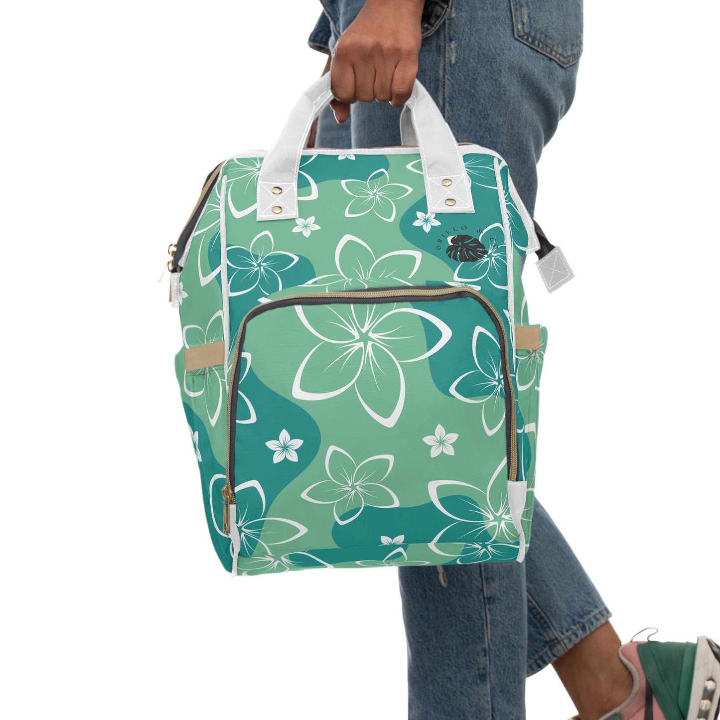 Green & White Plumeria Diaper Backpack