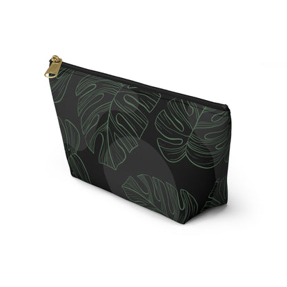 Black with Green Monstera Accessory Pouch w T-bottom