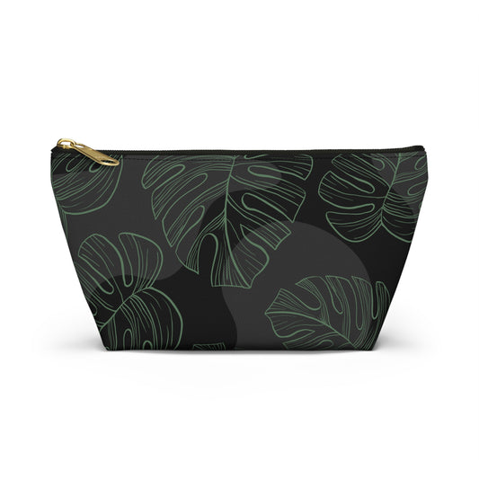 Black with Green Monstera Accessory Pouch w T-bottom