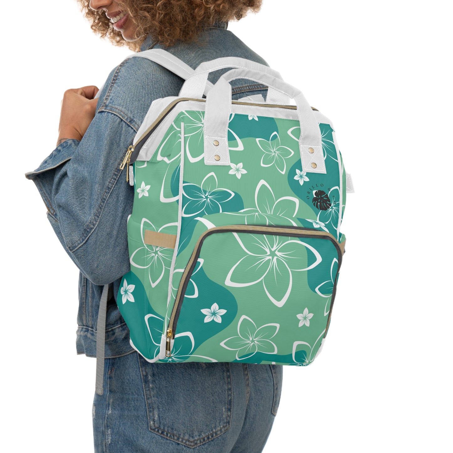 Green & White Plumeria Diaper Backpack