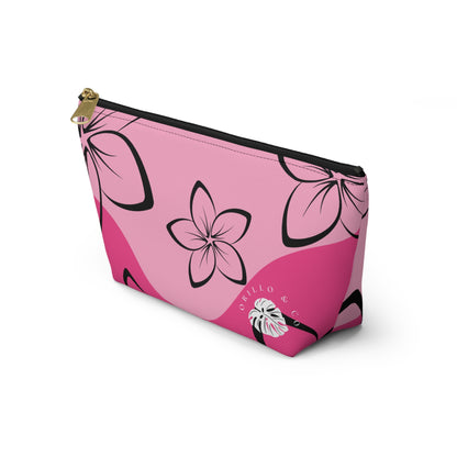 Black & Pink Plumeria Accessory Pouch w T-bottom